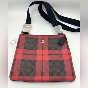 Coach Plaid Red, Brown and Black Crossbody Bag. Adjustable strap.